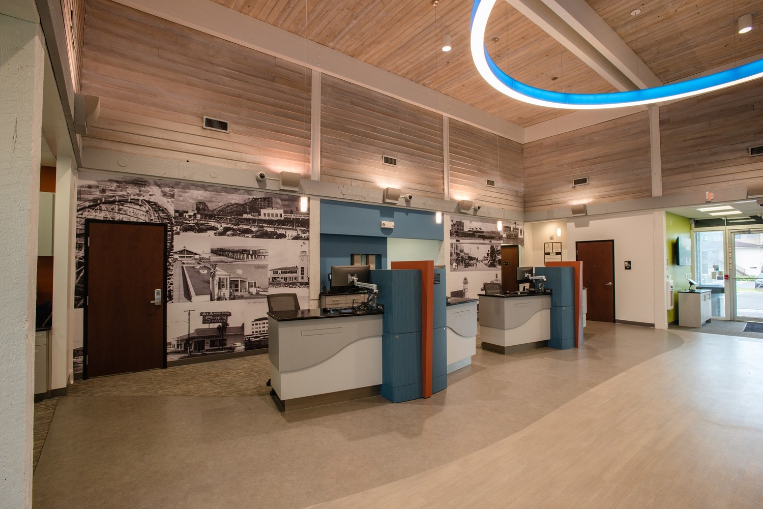 The new interior design of Community First Credit Union’s Beaches Branch features modern bright colors, furniture and finishes, along with a mix of carpet and solid flooring and surfaces, most of which are sustainable or recycled.